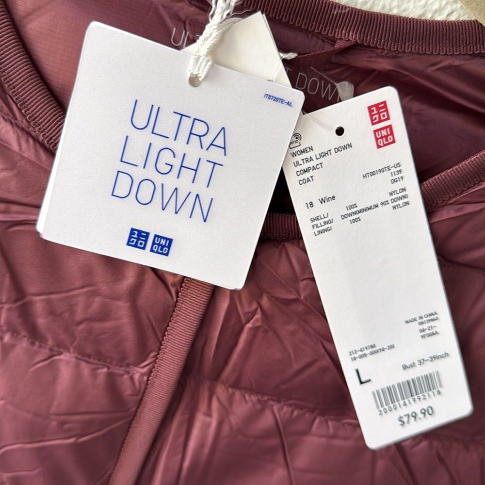 Uniqlo Women Ultra light Down Compact Coat Jacket Color Wine Size L - Picture 5 of 11